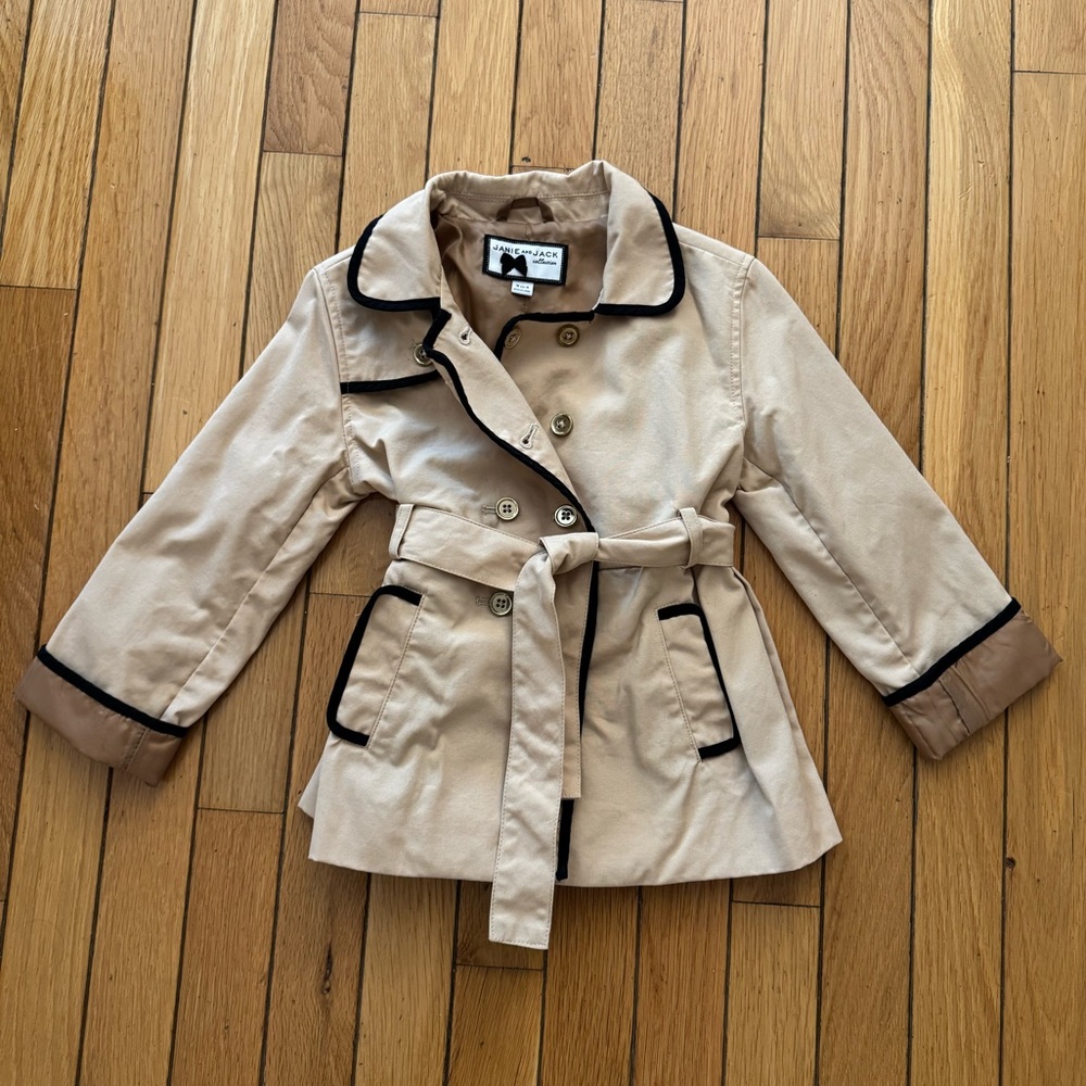 Janie and Jack Tan Trench Raincoat with Black Trim and Gold Buttons